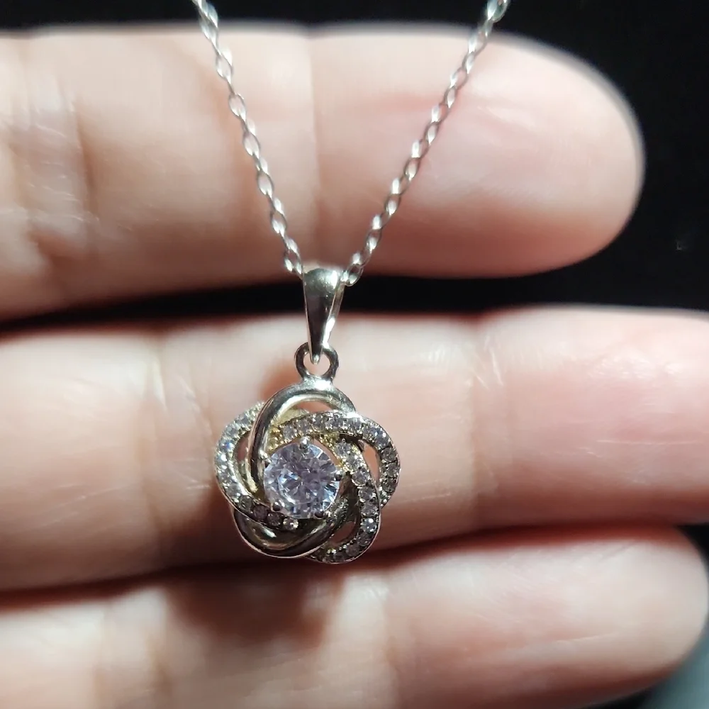 Sterling Silver Floral Pendant Necklace with Crystal Accents - Picture 3 of 7